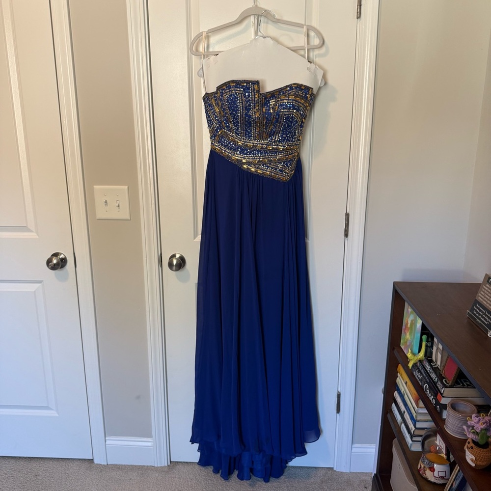 Terani Couture Strapless Royal Blue and Gold Beaded Dress